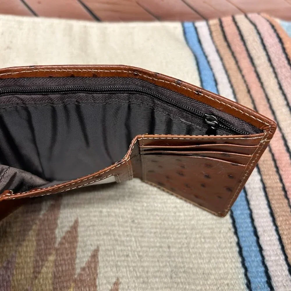 Brown Ostrich Print Leather Trifold Wallet